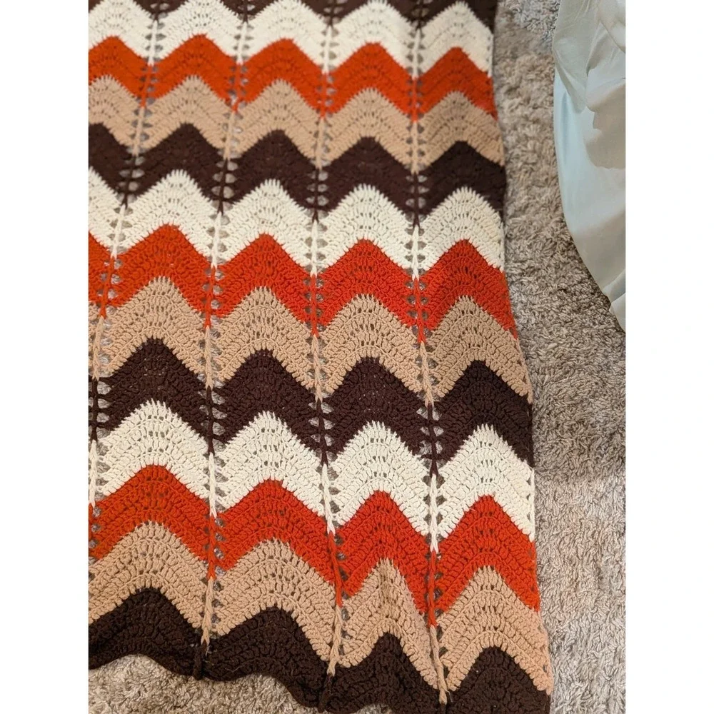 Afghan Blanket 6ft x 5 ft Brown Orange & White Vintage Handmade